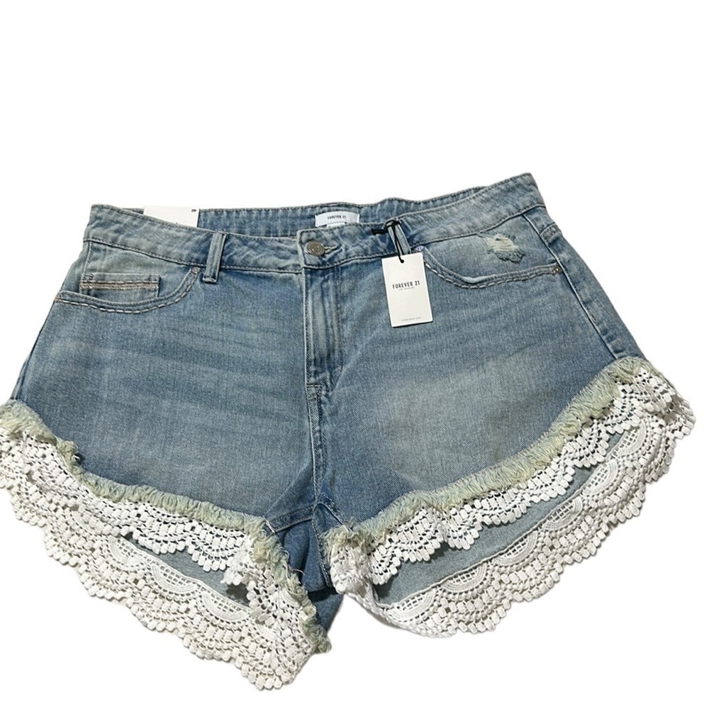 Forever 21 Light Blue Denim Jean Shorts with White Lace Trim